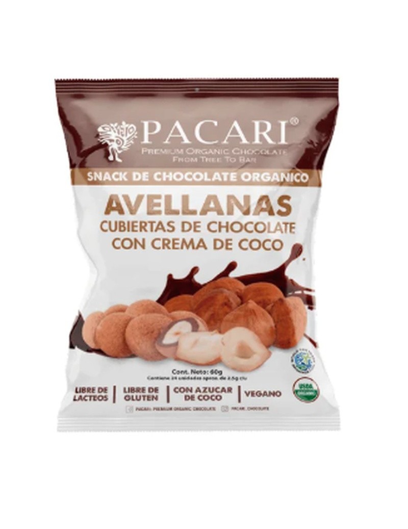Paccari Chocolate Snack Avellanas cubiertas con chocolate con crema de coco 57gr