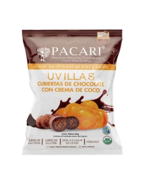 Paccari Chocolate Snack Uvilla cubiertas con chocolate con crema de coco 57gr