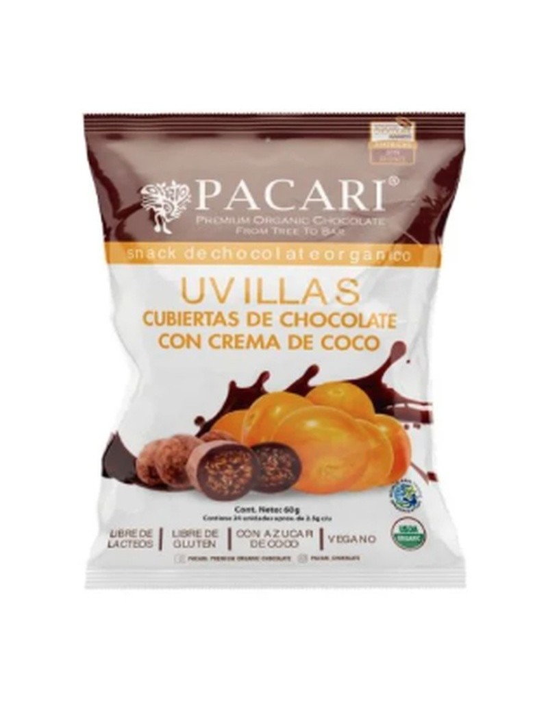 Paccari Chocolate Snack Uvilla cubiertas con chocolate con crema de coco 57gr