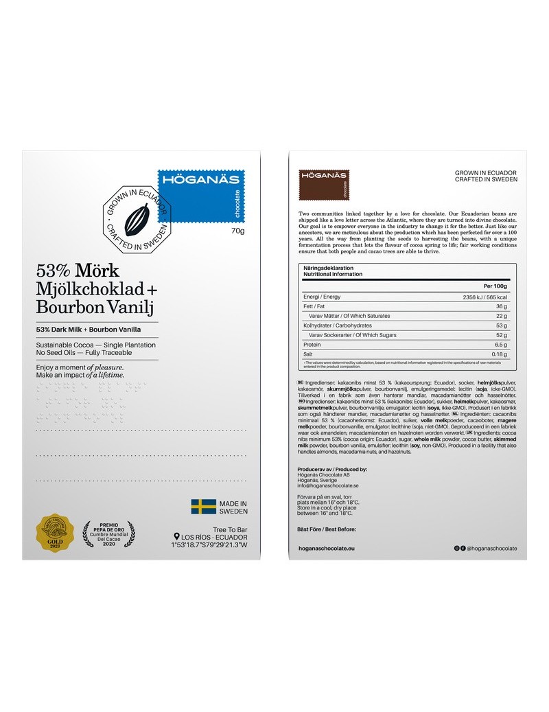 Höganäs Chocolate 53% Bar Dark Milk + bourbon vanilj 70gr