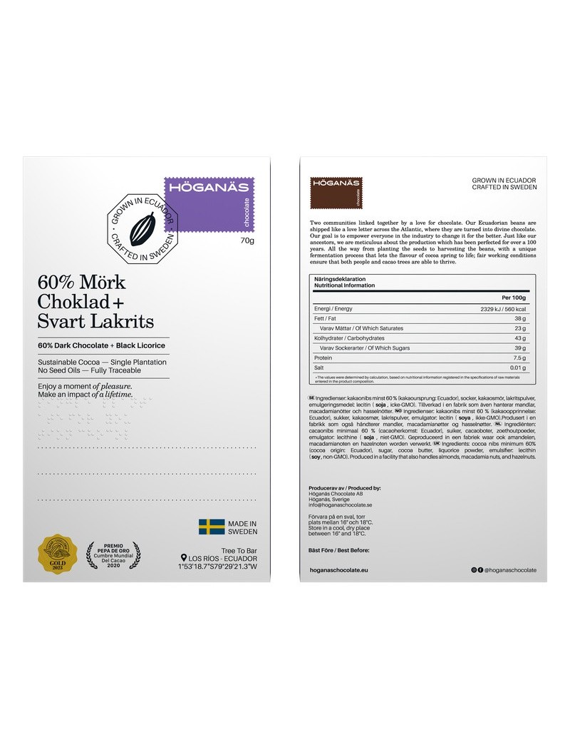 Höganäs Chocolate 60% Bar Dark chocolate + licorice powder 70gr