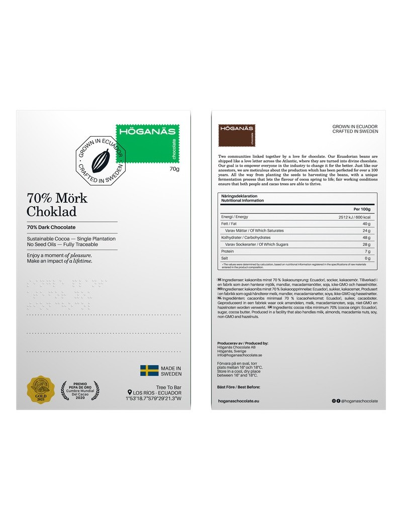 Höganäs Chocolate 70% Bar Dark chocolate 70gr