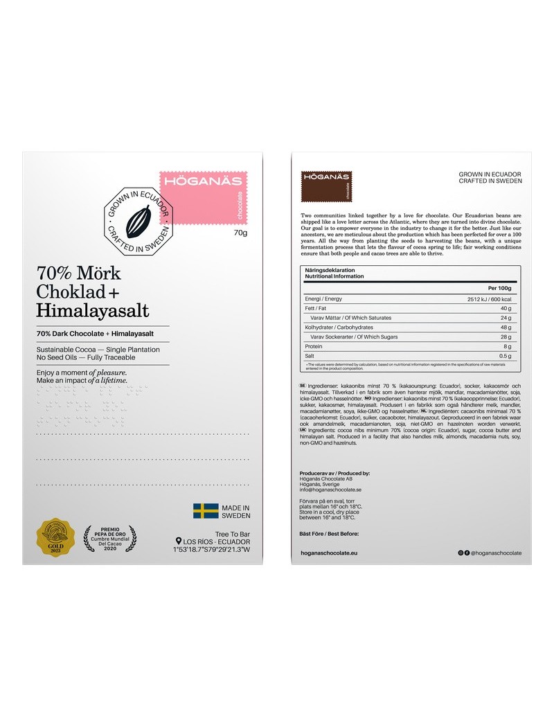 Höganäs Chocolate 70% Bar Dark chocolate + Himalaya pink salt 70gr