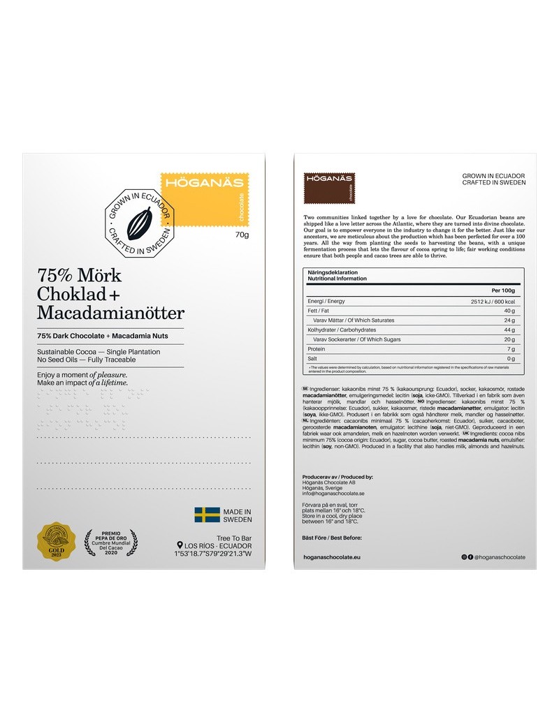 Höganäs Chocolate 75% Bar Dark chocolate + Macadamia 70gr