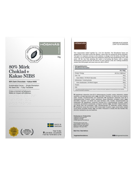 Höganäs Chocolate 80% Bar Dark chocolate + cocoa nibs 70gr