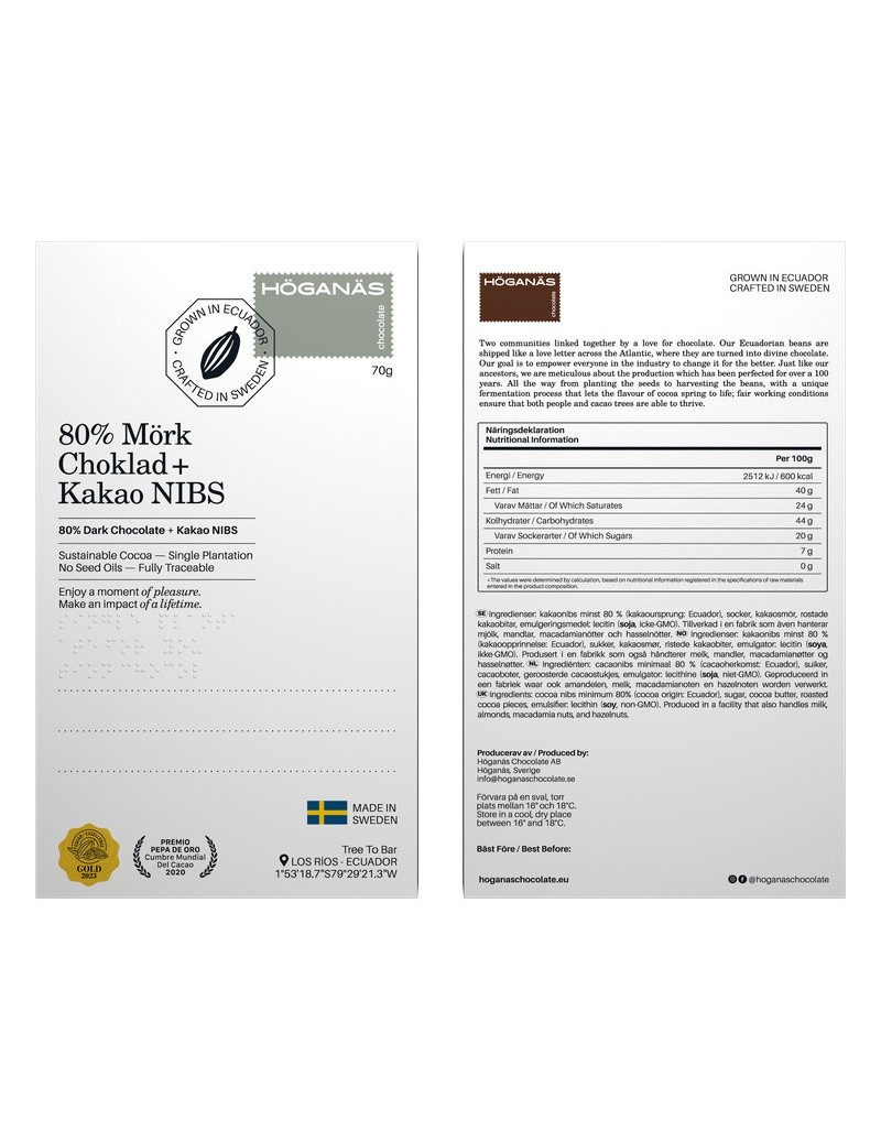 Höganäs Chocolate 80% Bar Dark chocolate + cocoa nibs 70gr