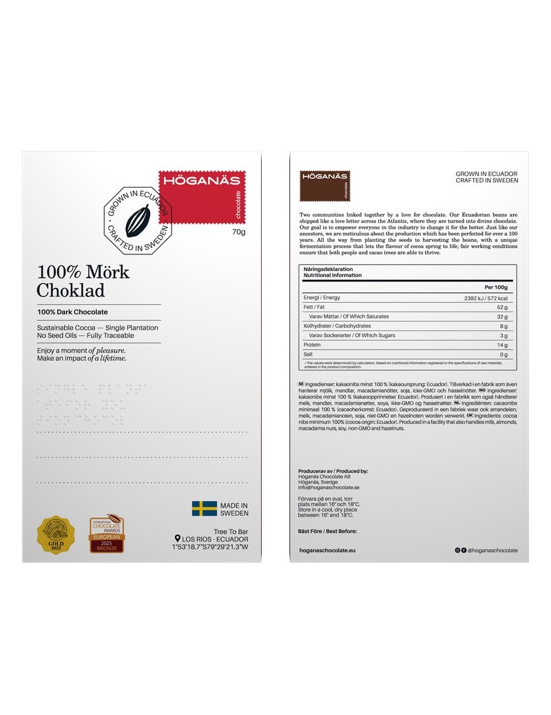 Höganäs Chocolate 100% Bar Dark chocolate 70gr